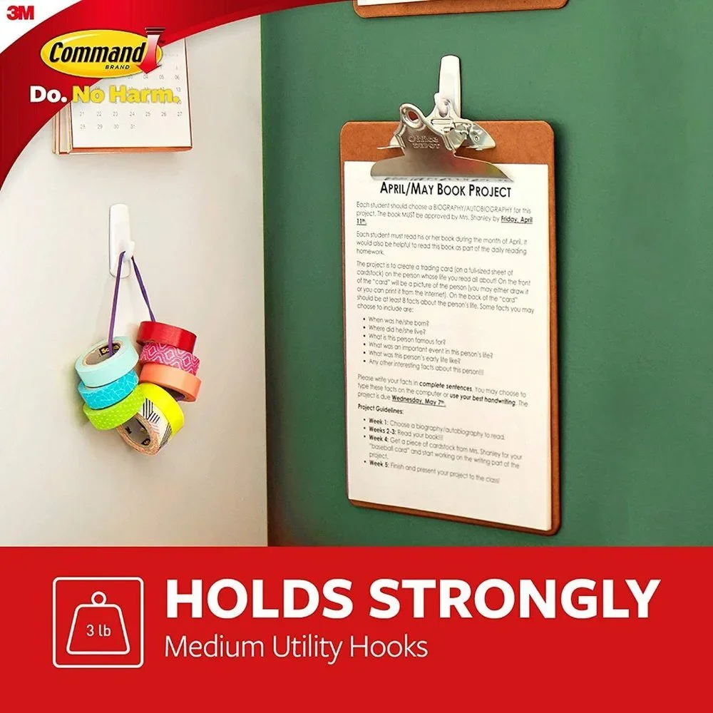Command General Purpose Hooks Medium 3 lb Cap White 2 Hooks and 4 Strips/Pack - Picture 2 of 7